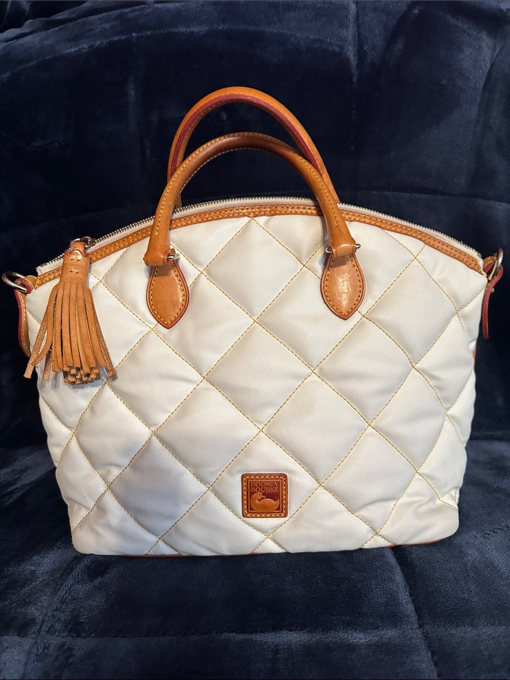 Dooney & Bourke Cream Quilted Leather Tote with Tan Trim